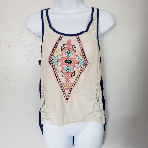 Kate Collection Blue High Low Tank Top Embroidery - Picture 1 of 6